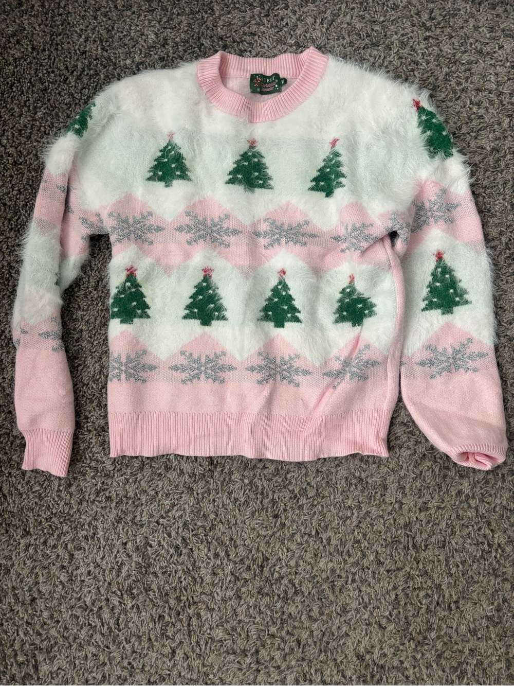 Women's Pink & White Holiday Fuzzy Sweater with Green Tree Motif